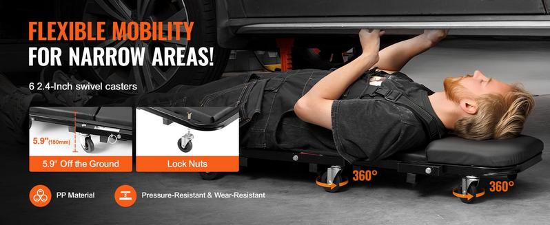 VEVOR Foldable Z Garage Creeper, TikTokShopBlackFriday, Max. 40 in, 450 lbs Load Capacity Rolling Folding Mechanic Creeper Stool, with 6 Universal Wheels Padded Seat Steel Frame, Lay Down or Sit Chair for Garage Shop or Home