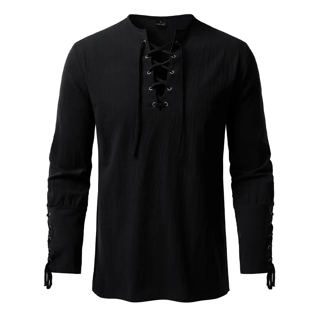 JEMITOP Men's Vintage Textured Cotton Opera Shirt - Medieval Lace-Up V-Neck, Regular Fit, Drawstring Wrist, for Halloween Pirate Cosplay, LARP, Knight, Viking Costumes