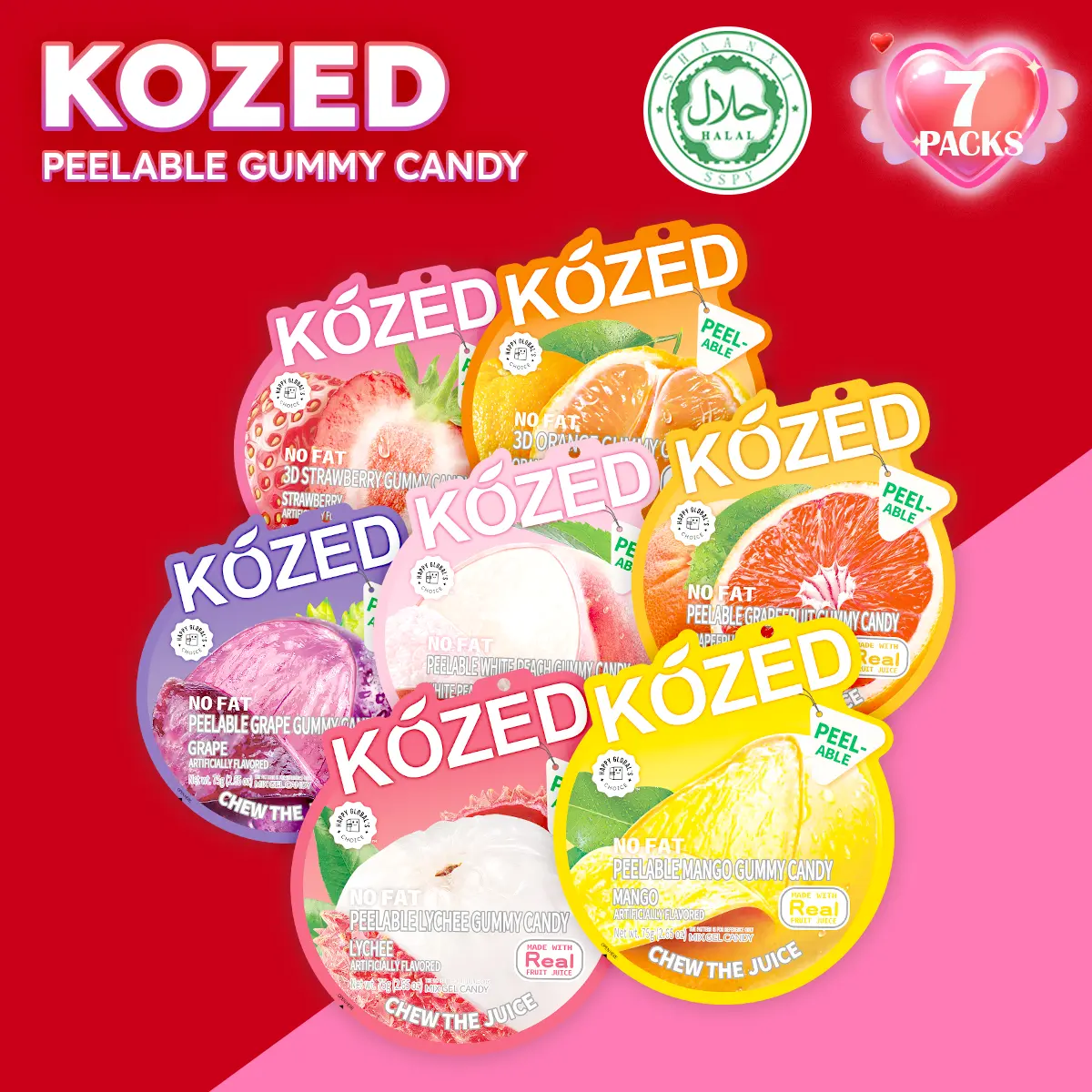 Kozed Peelable Gummy Candy 7 Mixed Flavors Variety Pack Fun Fruity Roll Party Snack Chewy Sweet Treat with Juicy Flavor Halal Certified Safe Quality Checked Bonbon Assorted