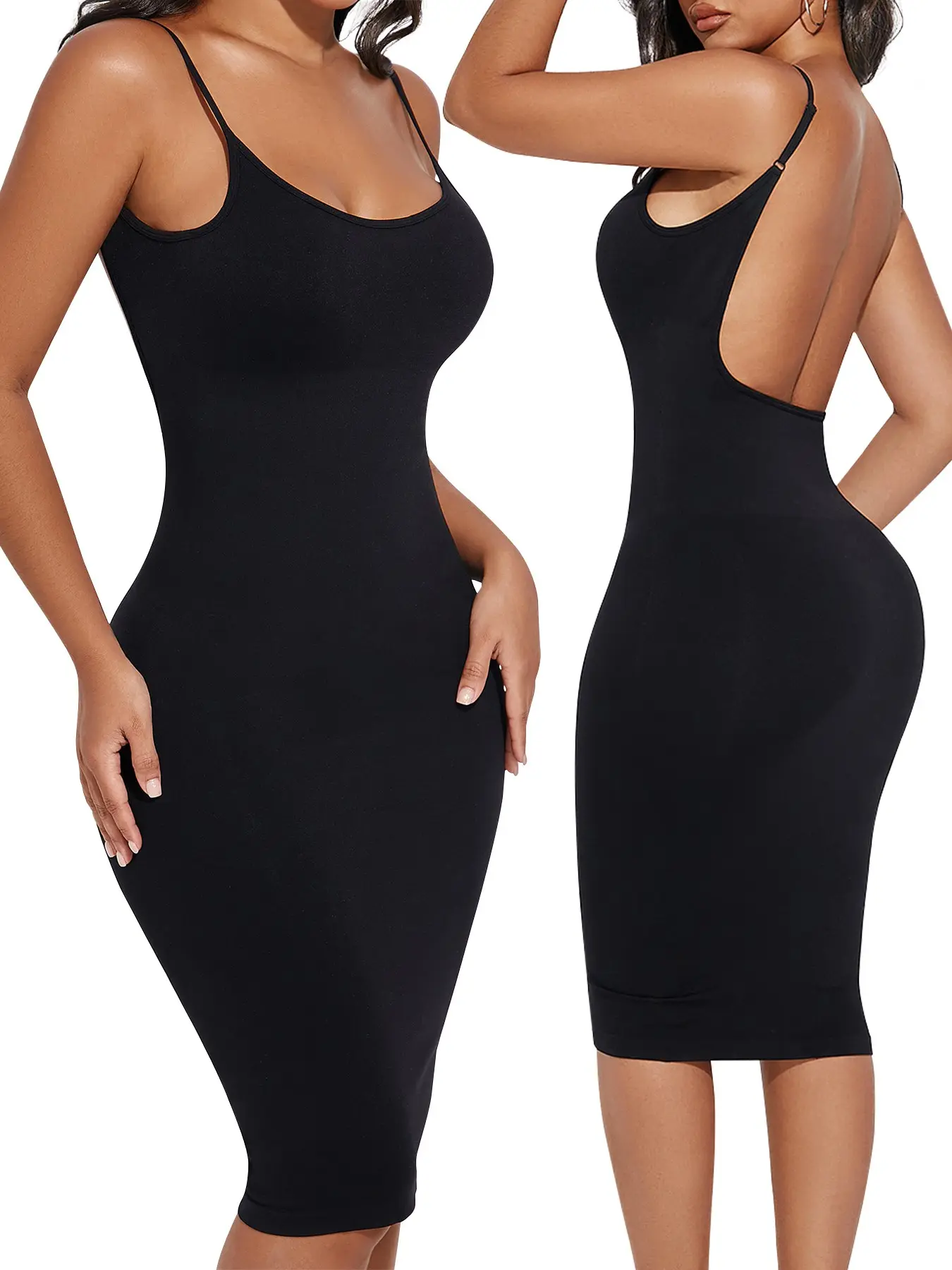 Backless Bodycon Shapewear Dress - Seamless Tummy Control Compression Midi Dress, Soft Snatched & Stretchy Cami Shaping Slip, Aesthetic Classy Hourglass Silhouette for Parties & Dating, Your New Favorite Date Night Dress