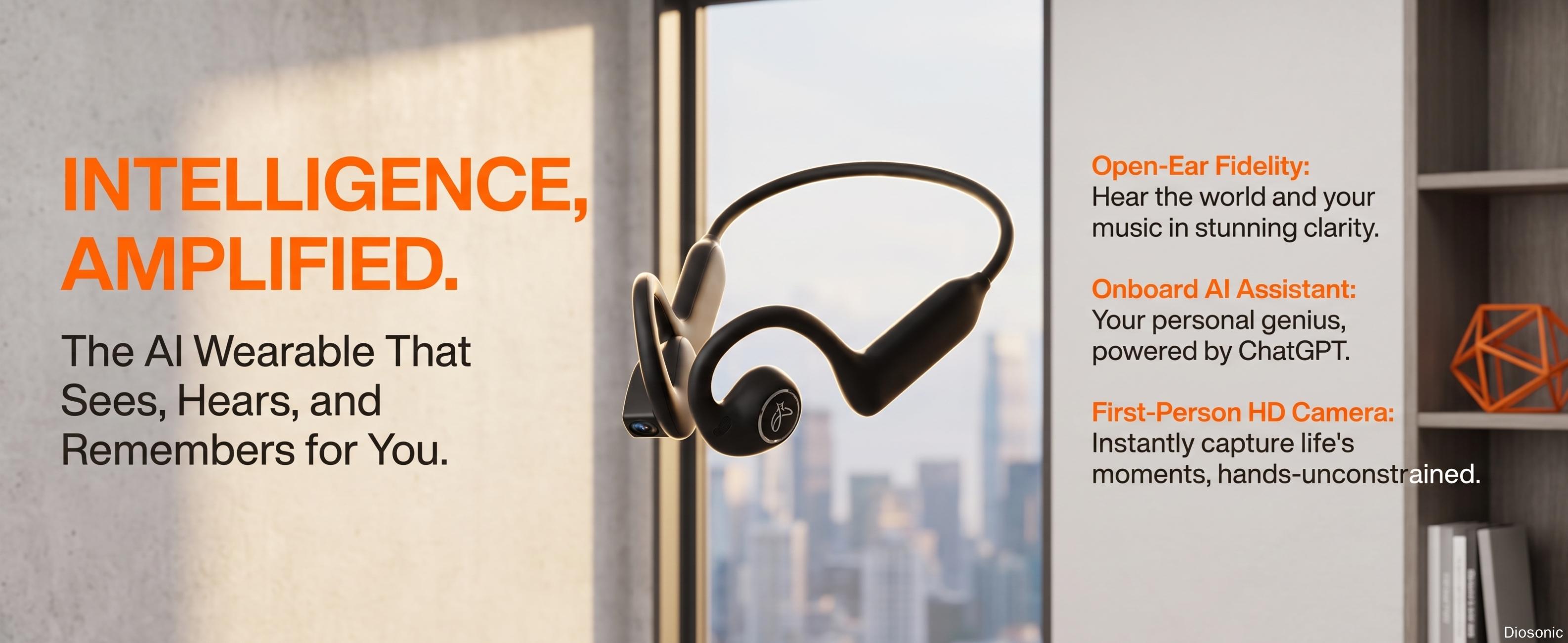 DIOSONIC New AI Smart Camera Open-Ear Earphones, Bluetooth 5.3 Wireless Chargeable Earbuds with 8MP Camera, 1080P Video, Wi-Fi Sync, IP54 Rated, Magnetic Charging, Audio, Recording, Instant Connection for Cycling, Outdoor Sports