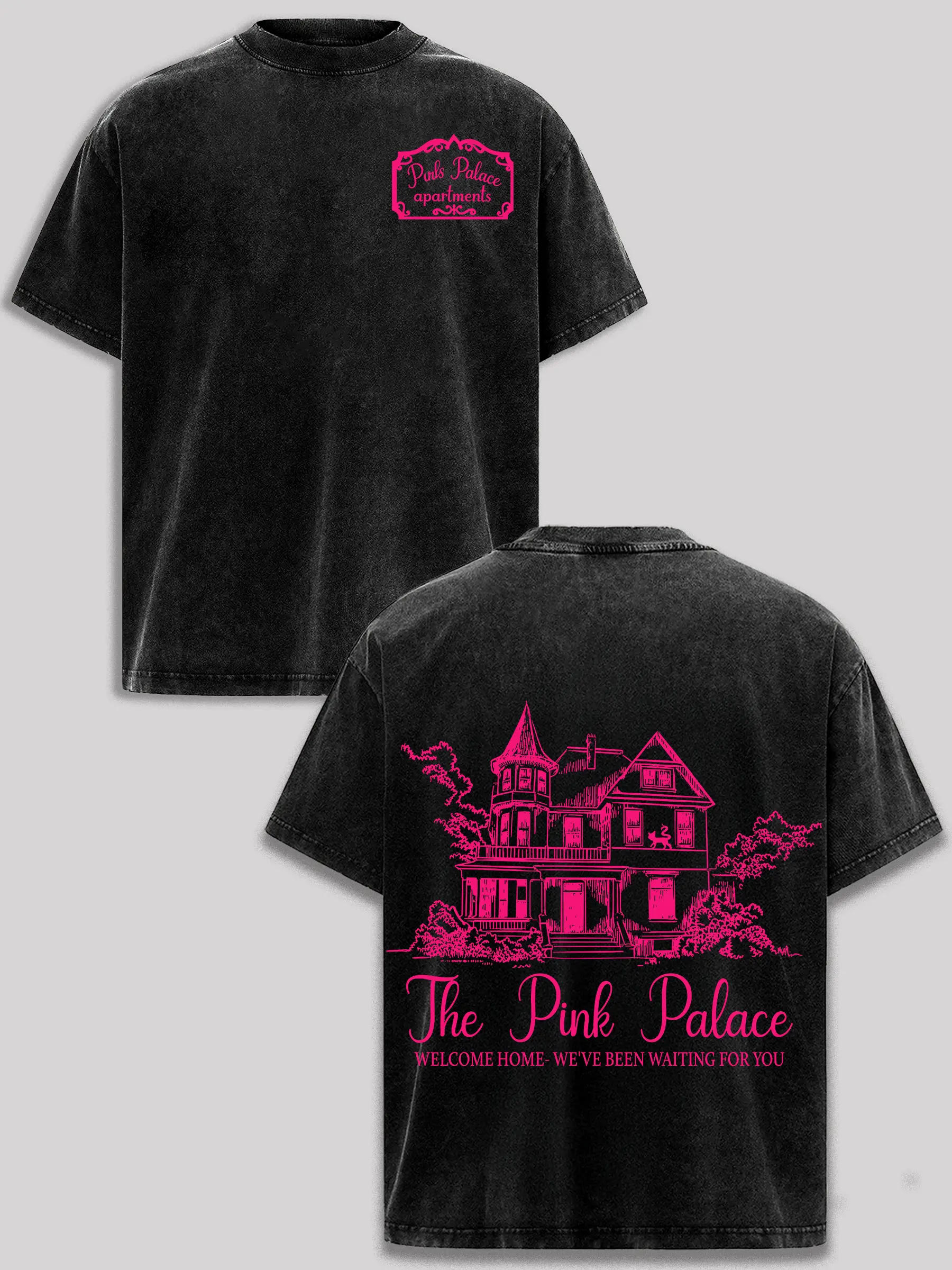 Unisex Gothic Graphic T-Shirt - Coraline Inspired Pink Palace Printed, Vintage Washed Oversized Round Neck, Premium Cotton Heavyweight Black Acid Wash, All Seasons Casual Short-Sleeve Menswear Apparel, Dark Fantasy Horror Gift