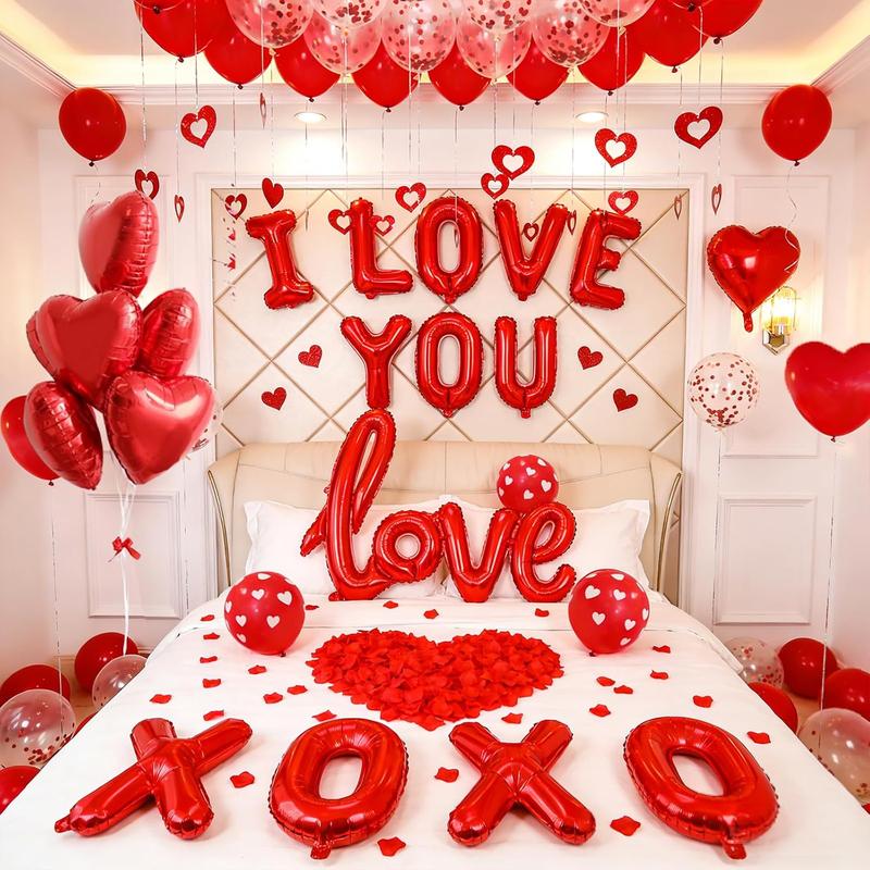 1100PCS Valentine's Day Balloons Kit with XOXO, Red Heart and I Love You Balloons,1000 Silk Rose Petals, 50 Heart Hangers for Valentines Decorations Anniversary, Proposal, Romantic Wedding Party