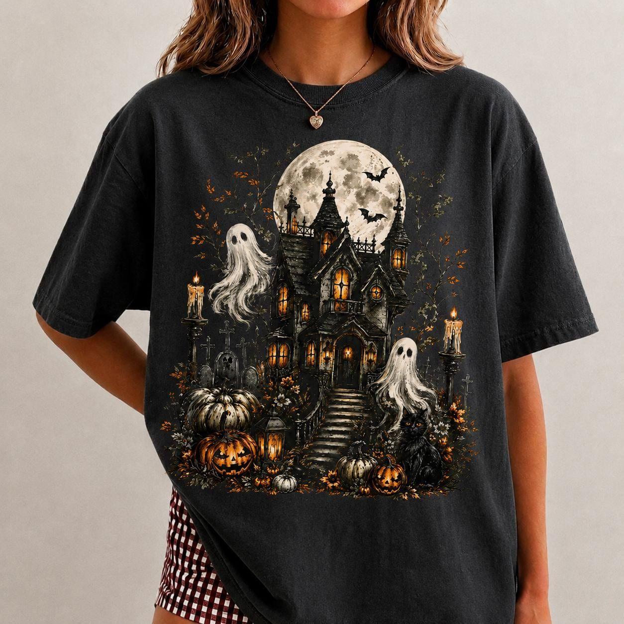 Comfort Colors Haunted House Ghost Shirt, Gothic Halloween T-Shirt, Vintage Spooky Moon Pumpkin Black Cat Tee, Cute Horror Fall Shirt, Halloween Gift for Women Men – The William