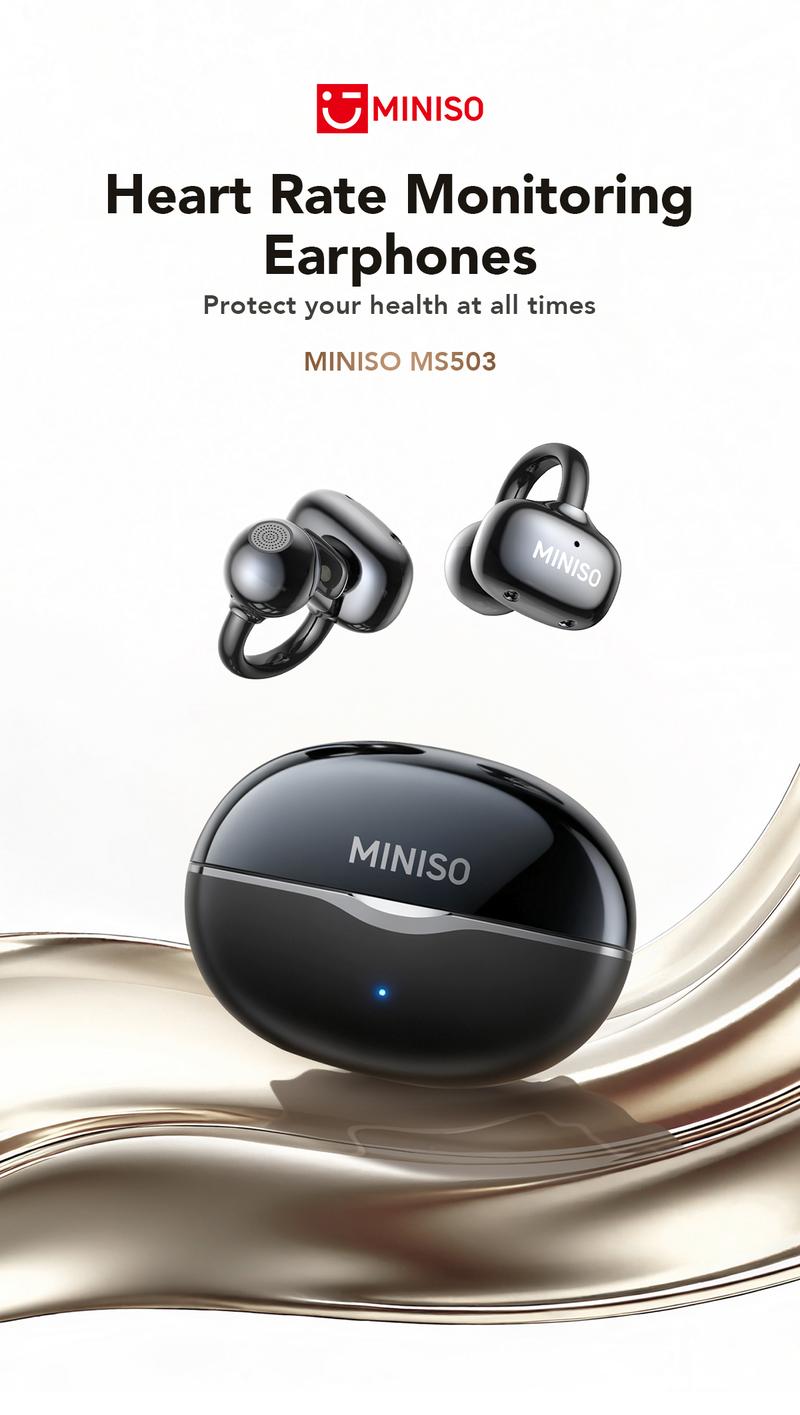 MINISO MS503 Heart Rate Monitoring Earbuds, Support Heart Rate and Blood Oxygen Detection,Clip On Wireless Headphones, Bluetooth 6.0 Earphones,  IPX5 Waterproof Audio Earbuds for Music & Calls, Comfortable for Sports