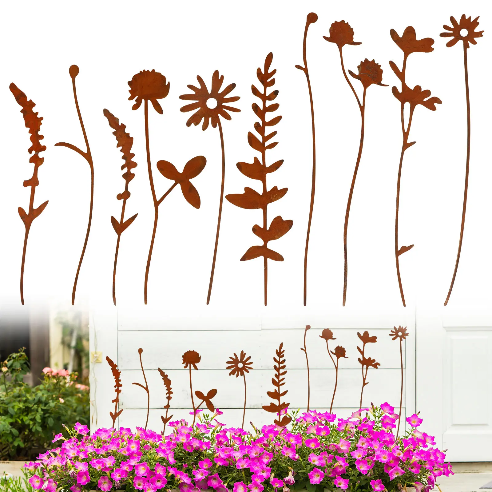 10Pcs Rustic Vintage Charm Rusty Metal Flower Garden Sculptures Statues - Outdoor Backyard Garden Accessories, Fence Post Stakes, Festival Art Decor Gift for Pot Home Wall