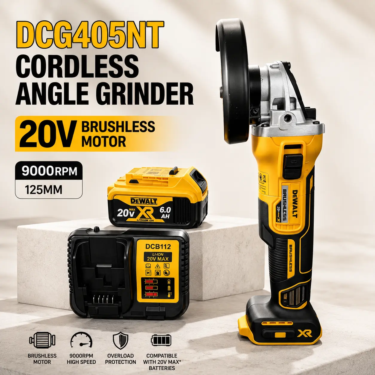 Dewalt DCG405NT High-Performance Angle Grinder (Power Tool, Angle Grinding Machine) - 125mm, 9000rpm No-Load Speed, Kickback Brake, Slide Switch, Electronic Brake