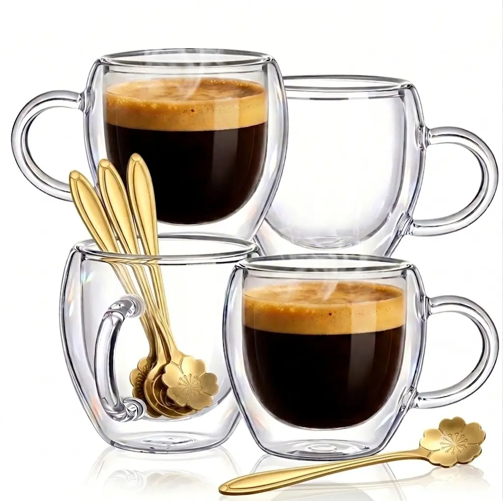 5 oz Espresso Cups Set of 4 with Handle, 4 Spoons,5 oz Expresso Coffee Cup, Small Expresso Shot Glasses, Clear Double Wall Insulated Espresso Mugs,Tazas de Cafe Expreso, Suit for Espresso Machine Accessories all-season gift only cool durable heat transfer
