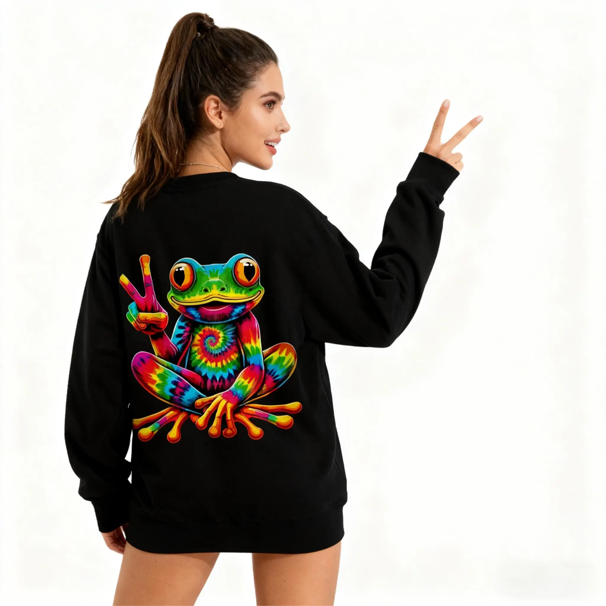 Tie-Dye Cool Frog Graphic Print for Men Women Couple Fashion Sweatshirt , Street Long Sleeve Cotton Sweatshirt, Comfort-Fit Crew Neck Sweatshirt - Cool girl dressing - Casual Long Sleeve Sweatshirt- Perfect for Everyday Wear