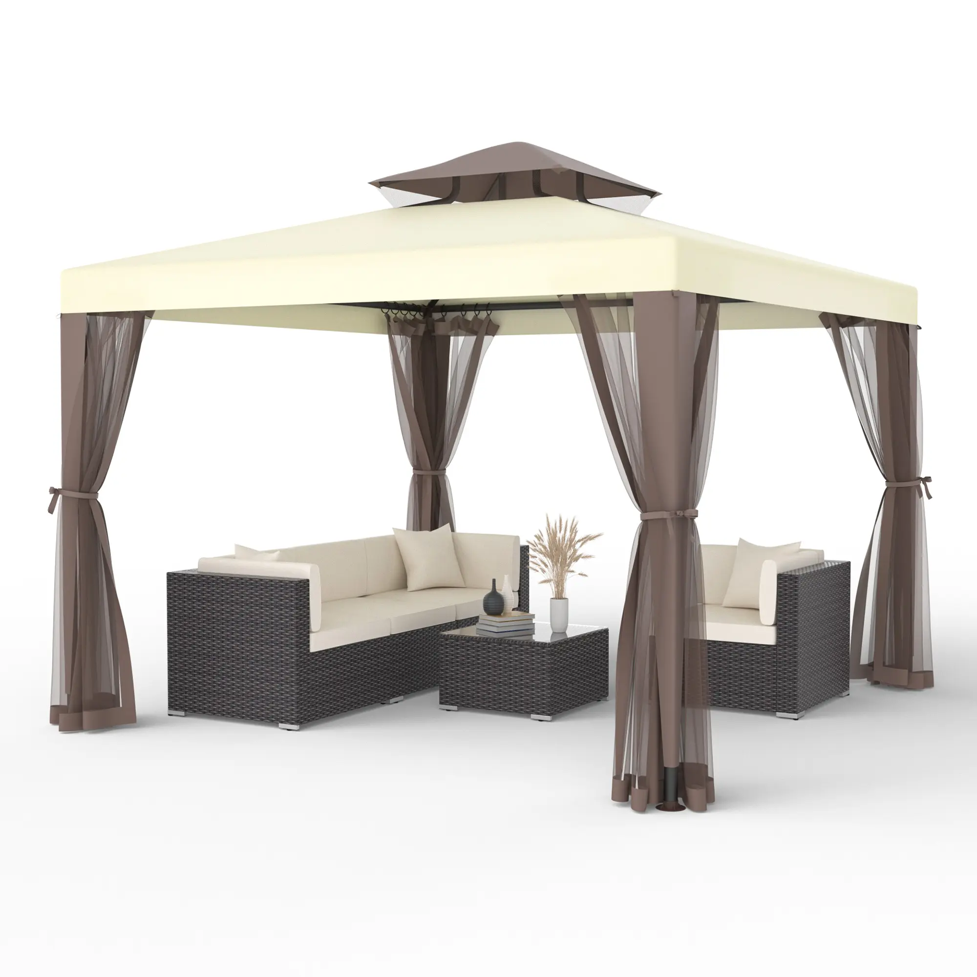 Gazebo, 10'x10' Patio Gazebo Waterproof Canopy Tent UV-Resistant 2-Tier Top Sturdy Outdoor Canopy Tent for Camping with Mosquito Netting for Garden Patio Backyard Outdoor Shade Canopy Heavy Duty Canopy