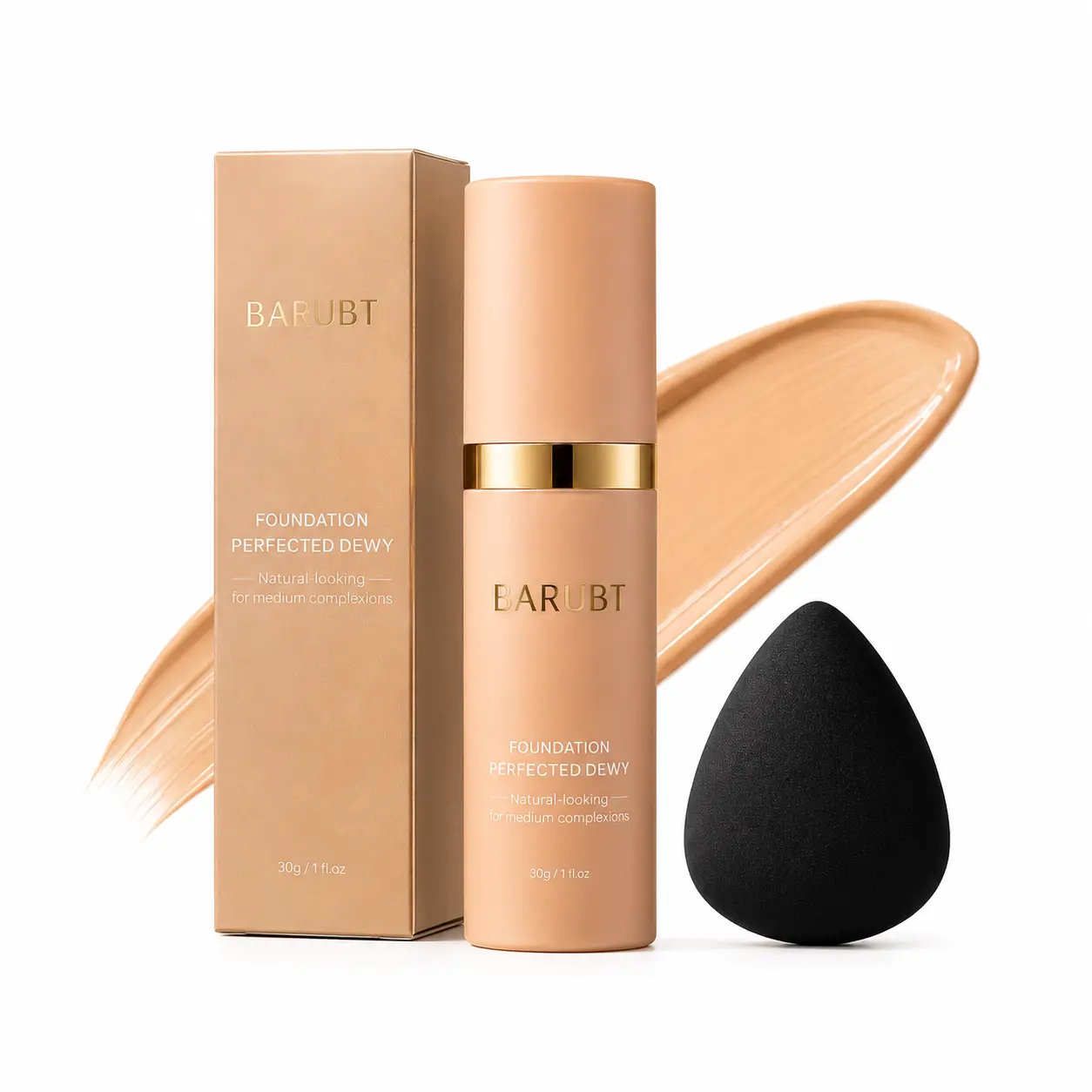 BARUBT Biomimic Liquid Foundation & 3-Layer Makeup Puff Set, Lightweight Soft Coverage, Natural-Looking Even Finish, Easy-to-Blend Everyday Face Makeup for Medium Skin Tones