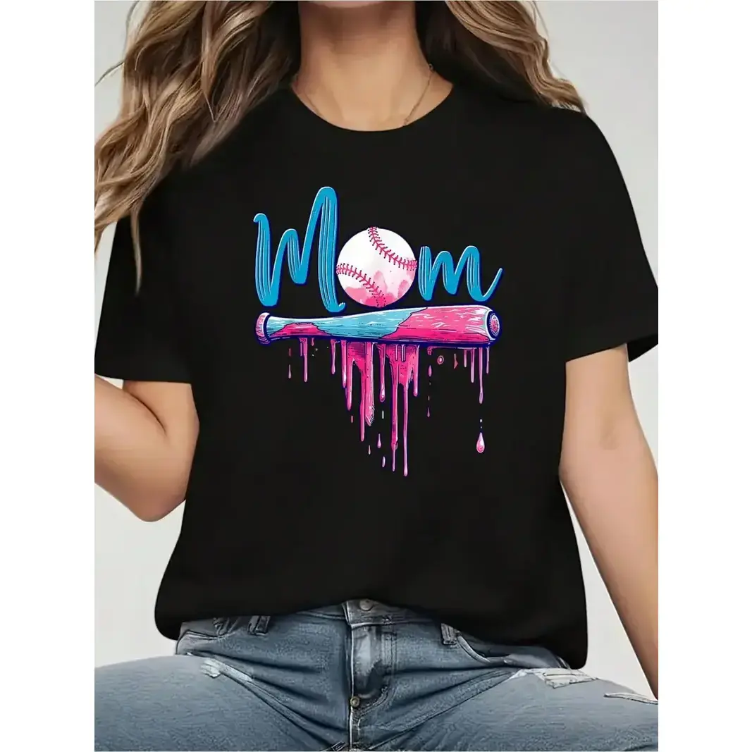 Baseball Mom Graphic T-Shirt - 100% Casual Crew Neck Short Sleeve Tee with Baseball Bat & Pink Drip Design, Mother's Day Gift for Sports Moms, All-Season Comfort