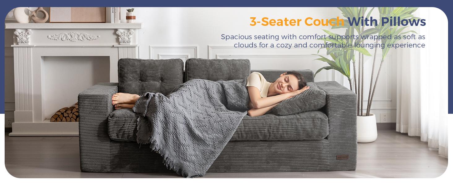 MAXYOYO 3 Seater Couch for Living Room, Boneless Couch with Tufted Cushion & Backrest, Upholstered Floor Sofa for Adults, No Assembly Required, Dark Grey