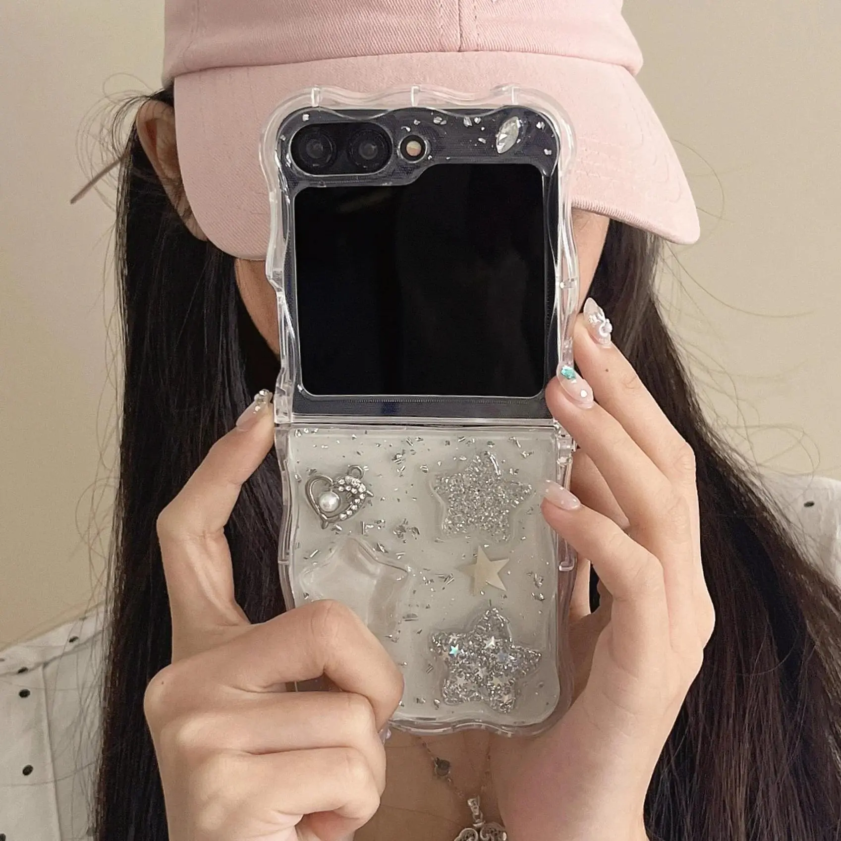 Sequin Love Stars Case for Samsung Galaxy Z Flip 3 4 5 6 7 5G Flip6 Flip5 Protection Lovely Flip4 2-PIECE Set Clear Cute Cover