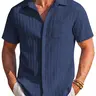 Coofandy Men's Casual Button Down Shirt - Navy Blue Textured Short Sleeve Fitted Collared Neck Summer Beach Top for Men - Canvas