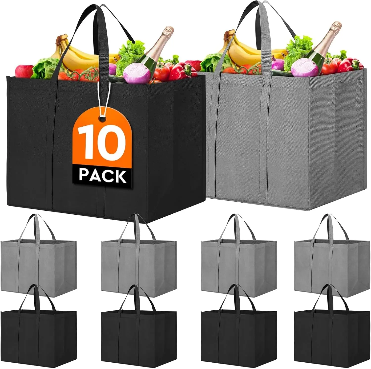 10-Pack Reusable Synthetic Eco Grocery Shopping & Produce Tote Bags, Large Foldable Bulk Bags with Long Handles for Groceries, Clothes (Grey&Black)