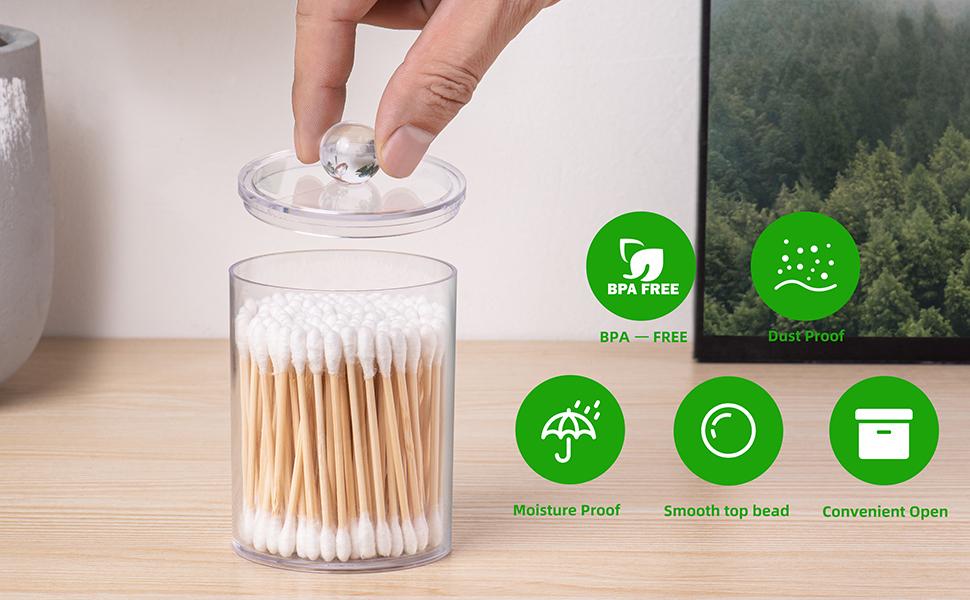 4pcs Swab Holder & Organizer Box - Clear Plastic Jars with Pre-Printed Cotton Balls, Cotton Swabs, Floss Picks & White Labels - Dustproof & Stylish Bathroom Storage