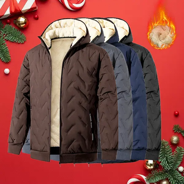 Men’s four-color fleece hooded cotton jacket, thickened throughout with contrast stitching, windproof and warm—ideal for winter at home and commuting.