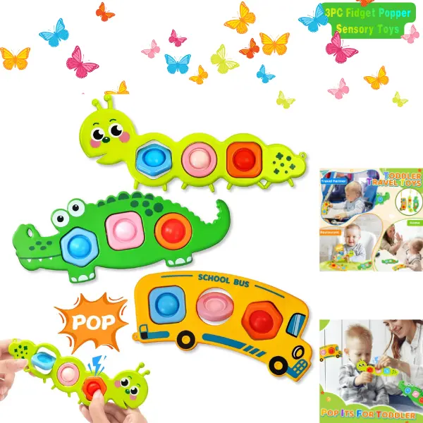 3PC Fidget Popper Sensory Toys Airplane Travel Activities for Toddlers Pop It Fidget Toys for 12+ Month Babies 1 2 3 Year Old Girls Boys Christmas Stocking Stuffer Easter Basket Stuffer Gift