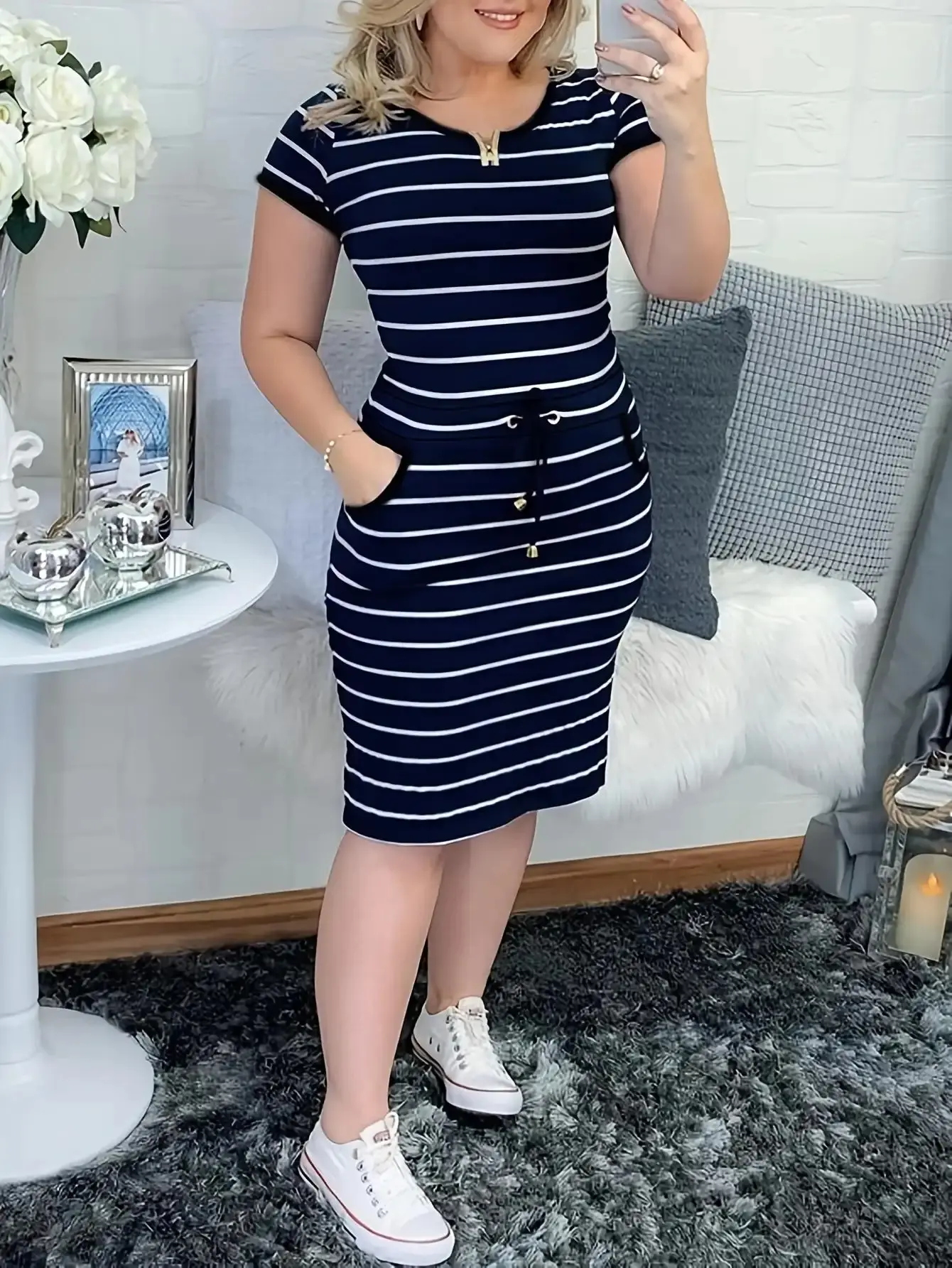 Trendy Striped Drawstring Bodycon Dress With Double Pockets Casual Daily Wear Slim Silhouette Soft Fabric For Female