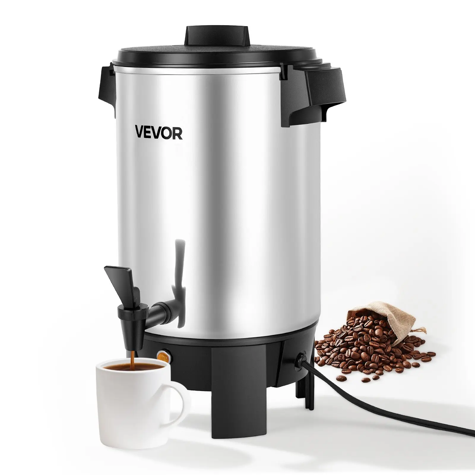 VEVOR Corded Commercial Coffee Urn - 30-Cup 152oz Large Hot Beverage Dispenser, 1090W Quick Brew Maker, Dual No-Drip Spout, Auto Temp Ctrl, Anti-Dry Burn, 2.9 lbs, Plastic & Aluminum Alloy Natural Finish for Restaurant, Church Use