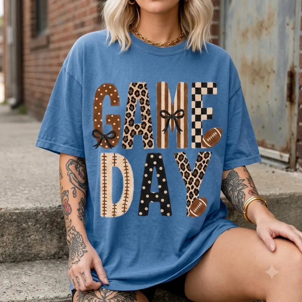Women's Comfort Colors Fitted Casual Tweed T-Shirt - Checkered Football Touch Down Season Graphic Top with Collars, Solid