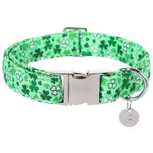 UP URARA PUP St. Patrick's Dog Collar with Quick-Release Metal Buckle, Adjustable Cotton Clover Collar for Small, Medium & Large Girl Boy Dogs