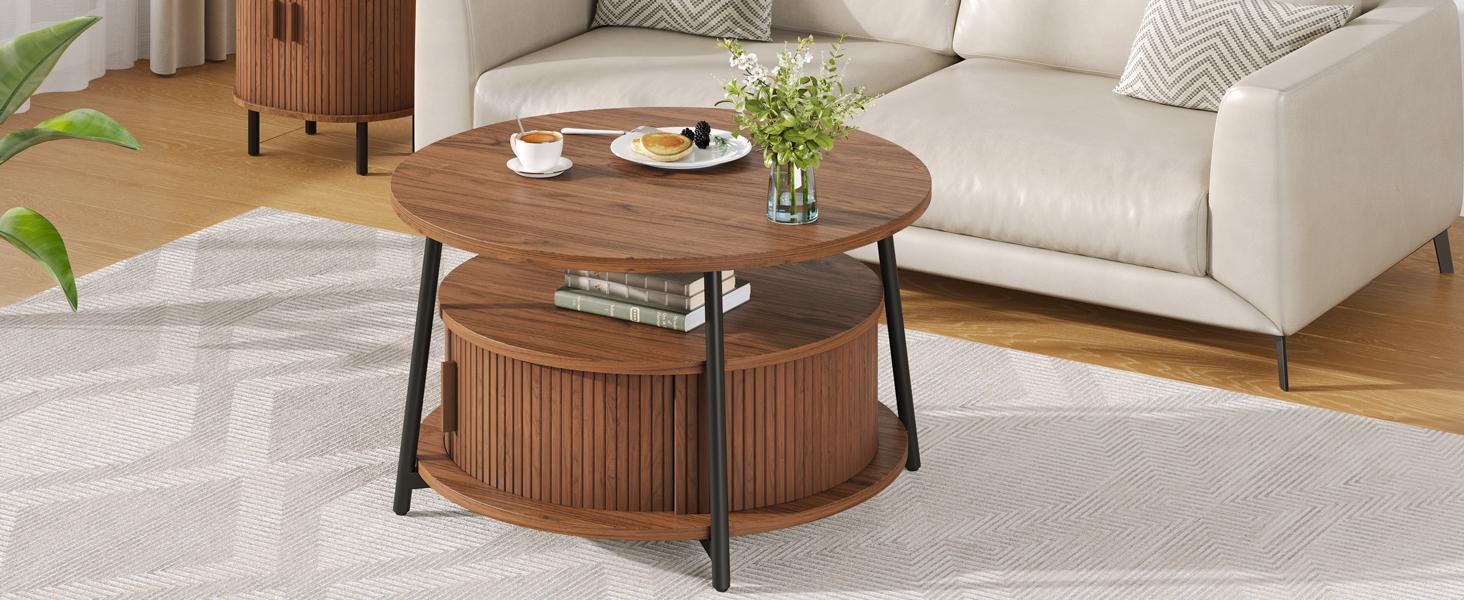 【SPOTLIGHT DAY】ONBRILL 31.5 Inch Round Coffee Table with Storage, Fluted Coffee Tables with 2 Tiers, Mid-Century Modern Center Table with 2 Sliding Doors and Adjustable Footpad for Living Room