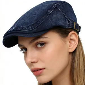 Spring plain washed denim hat for men, retro versatile forward cap for women, sun-shading casual beret, adjustable