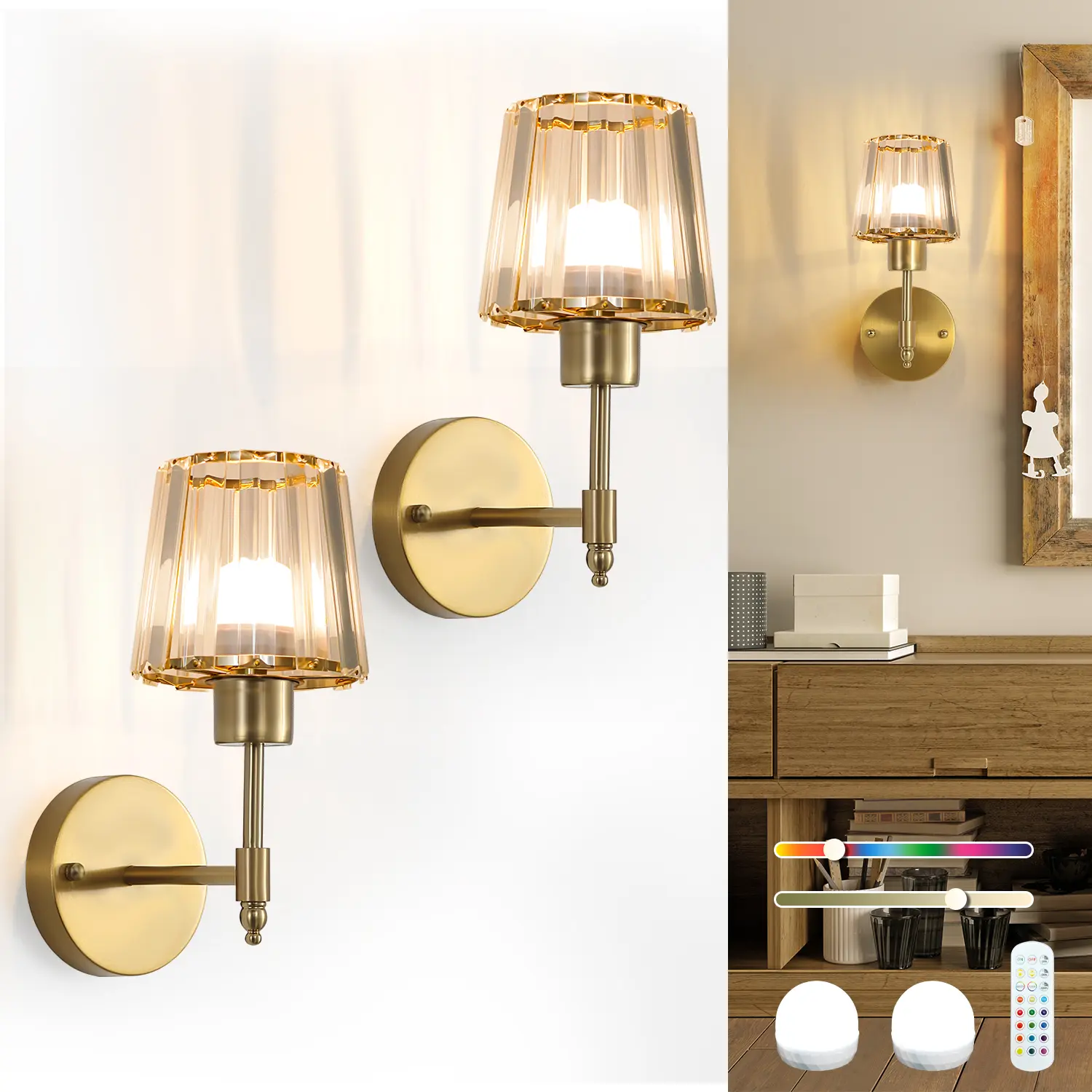 LIKERTLA Crystal Battery-Operated Wall Sconces Set of 2, Gold Rechargeable Wireless Wall Lamps with Remote, 13 Colors RGB Dimmable, Auto Timer Decor Fixture for Living Room, Bedroom