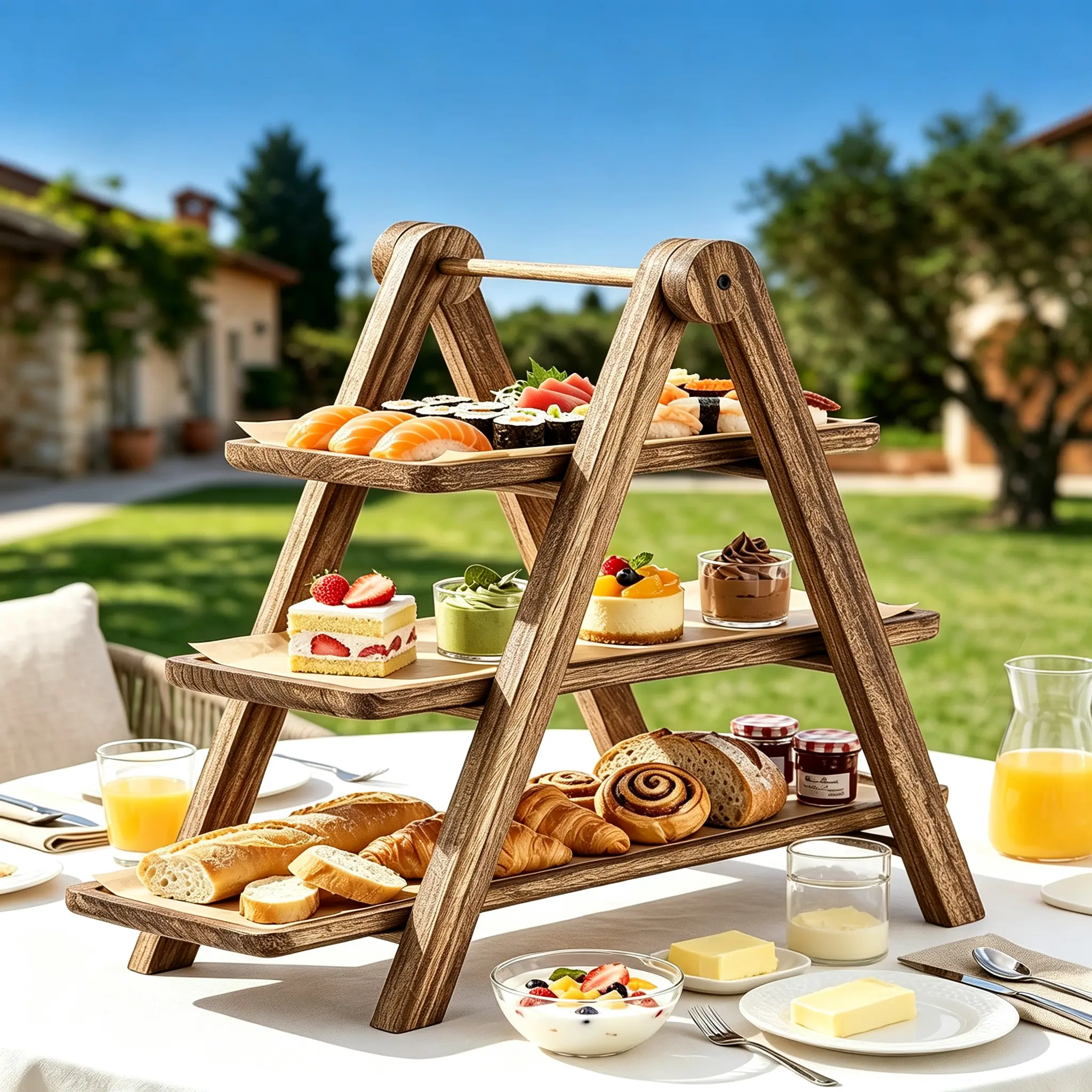 LOVEWE 3-Tier Wooden Rectangular Serving Tray Organiser - Durable, Sturdy, Lightweight Smooth Platter, Decorative Classic Design for All Settings, Daily Use, Farmhouse Kitchen Tabletop Decor, Clean with Damp Cloth
