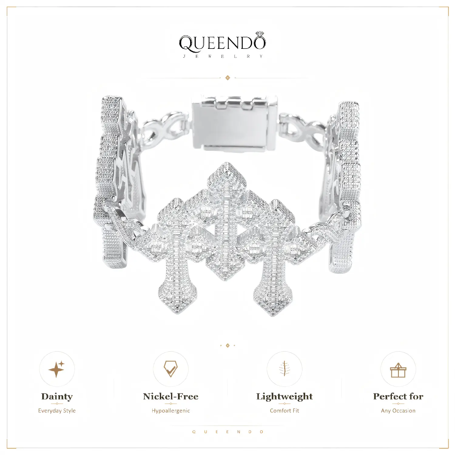 QUEENDO Iced Multi Cross Link Bracelet, Baguette & Round Stone Paved Cuff Wrist Chain, Gold Silver Rose Gold 3 Colors Available, Adjustable Link Bracelet, Hip Hop Daily Party Jewelry Gift