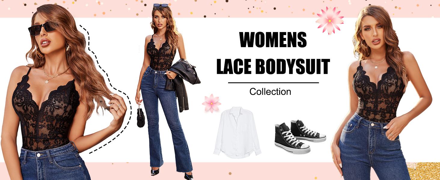 Avidlove Women One Piece Lingerie Deep V  Lace Bodysuit Snap Crotch