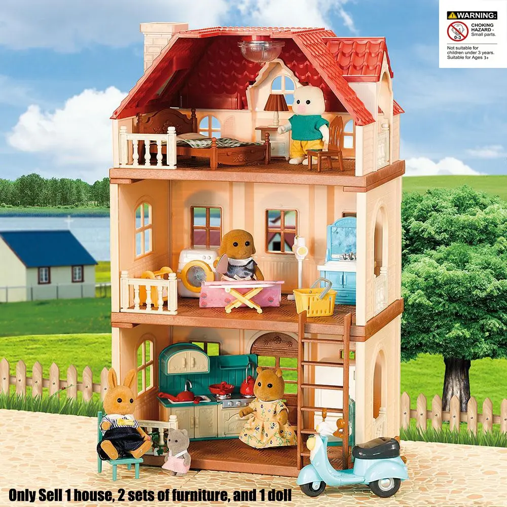 DIY Three-Layer Dollhouse Pretend Playhouse with Play House Set, Lights, Rabbit Puppet, Kitchen & Room Furniture, Perfect Gift for Kids, Ages 3+, Needs Ag13 Batteries