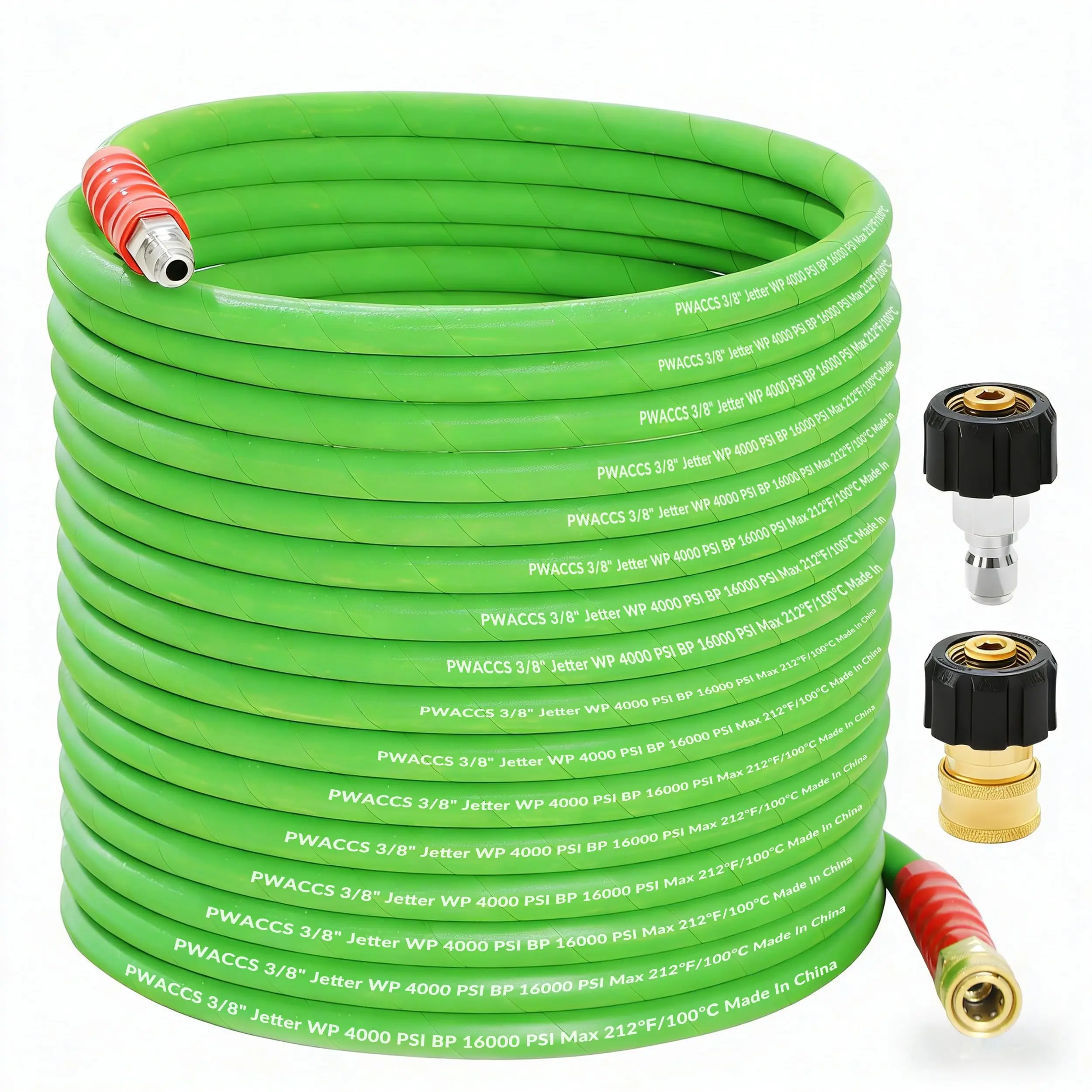 PWACCS Heavy-Duty Rubber Pressure Washer Hose - 50 FT, 3/8" Inner Diameter, Kink-Proof Steel Braided, 4000 PSI High Flow for Cold/Hot Water, M22-14mm to 3/8" Quick Connect Adapters, Comfortable for Heavy-Duty Residential Cleaning