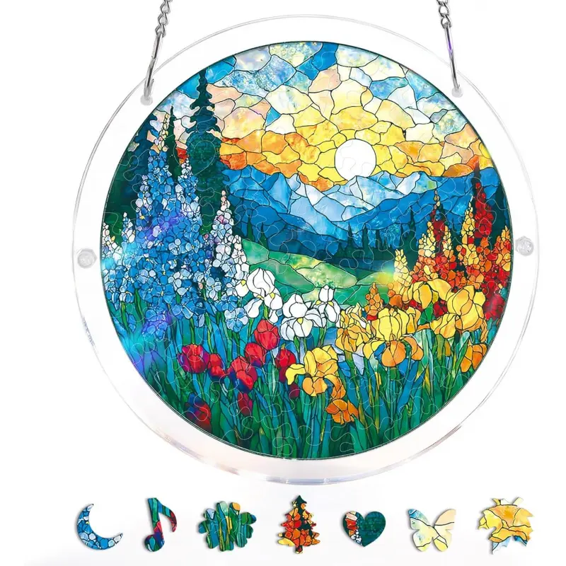 Handmade Acrylic Puzzle Suncatcher - 83 Pieces Dawn Blossom Sea Design, Collectible Light Art Interior Decor, DIY Window Hanging with Gift Box, Home & Garden Ornament, 7.4 in