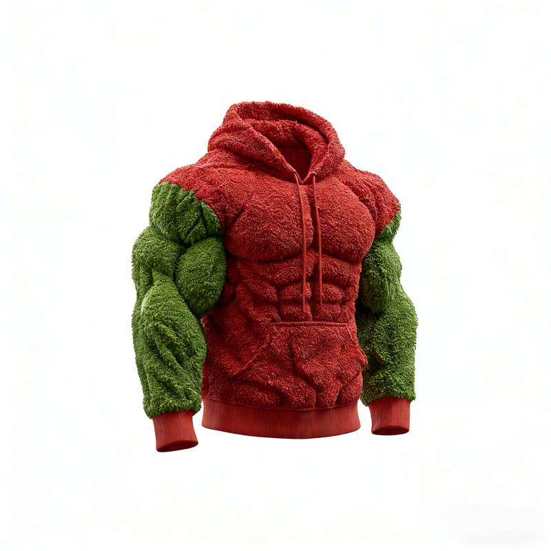 Men's Muscle Hoodie-Plush Fleece Sweatshirt for Outdoor,2D Street Style Muscle Line Fuzzy Cotton Blend Hoodie