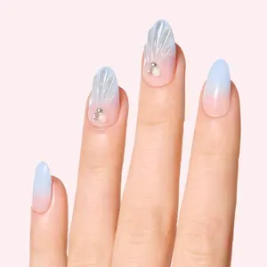 DASHING DIVA Shell We Kiss? Instant Press-Ons | Medium Almond - Sheer White with Pearls, Rhinestones, & Baby Blue French Tips