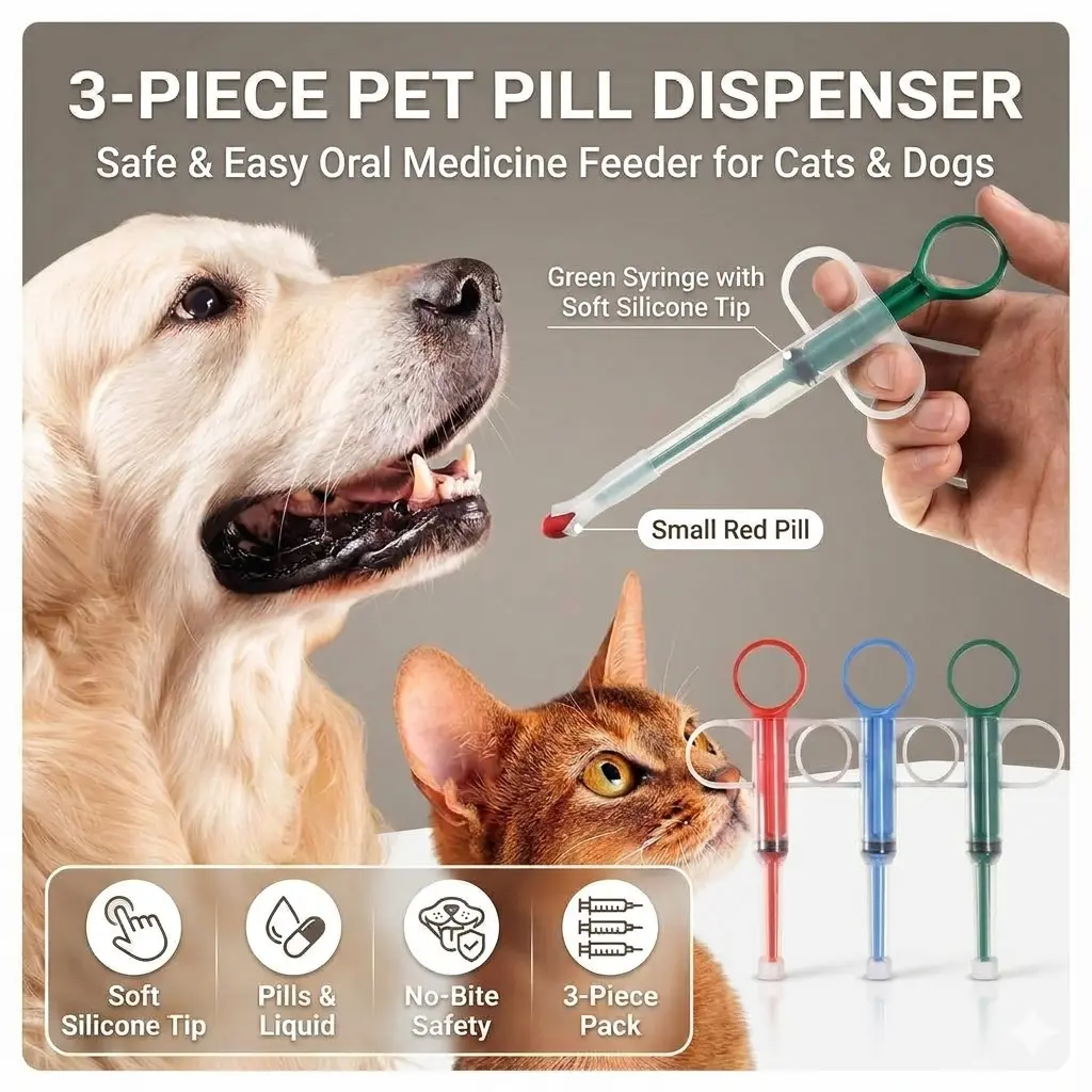 3-Piece Pet Pill Dispenser & Medicine Syringe Set - Soft Silicone Tip Oral Plunger Tool for Feeding Pills, Capsules & Liquid to Cats & Dogs Safely