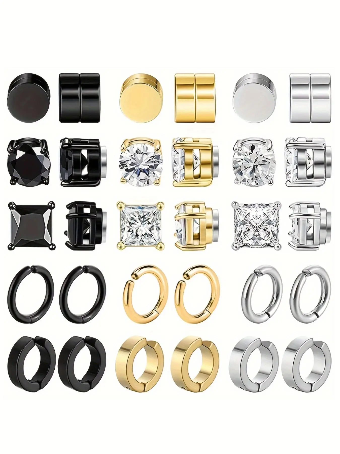 15 Pairs Fashion Street Style Stainless Steel Magnetic Hoop Earrings, Ear Hoops, Earring Set, Non Pierced Jewelry for Men and Women, Acupressure Patch