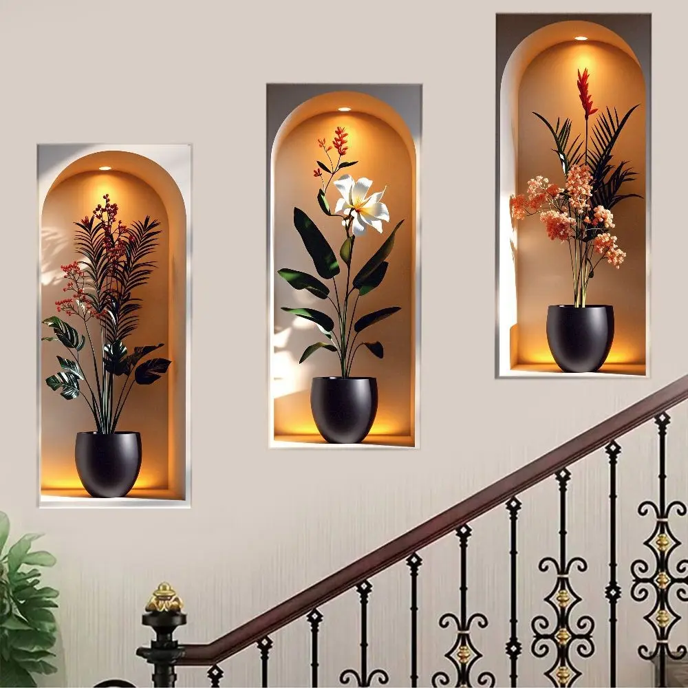 3-Piece Elegant Tropical Plant Flower Wall Decal Set, Wall Decals Peel And Stick, Arched Window-Themed Boho Floral Leaf Stickers, Removable Self-Adhesive PVC Wallpaper