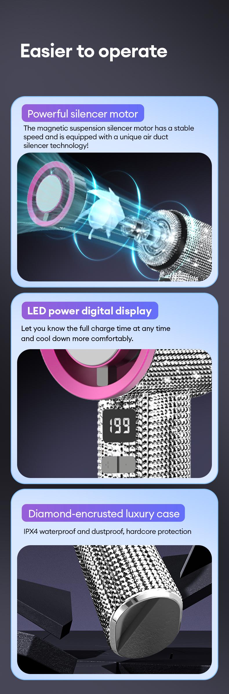 PAXA M15 Full Diamond Luxury Craftsmanship Portable Handheld Turbo Fan, 3 Gear Wind, Rechargeable Long Battery Life Hand Fan With Digital Display For Outdoor Activities, Travel, Office, Wonmen's gift