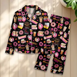 Dunkin Donuts Satin Pajamas, Pink Coffee & Donuts Sleepwear Set, Iced Coffee Lover Gift, Donut Party PJs, Cute Pastry Lounge Wear for Her