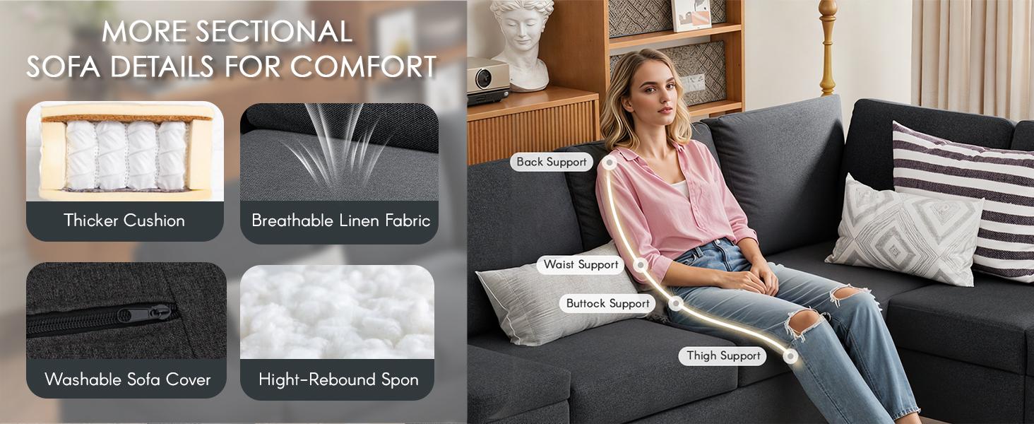 AECOJOY Modern Sectional Couch with Ottoman Convertible Corner Couches with Armrest Storage Upholstered Modular Sectional Sofa for Living Room Bedroom 30'' Deep Seat