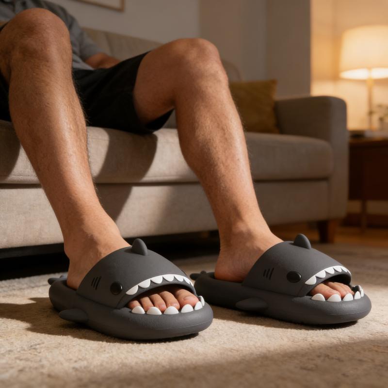 Cute Cartoon Graffiti Slides Slippers Shark Slides for Women Men Soft Slippers open-toe Shark sandal Cushioned Slides Beach Pool Shower Cruise Slippers with Comfy Thick Sole