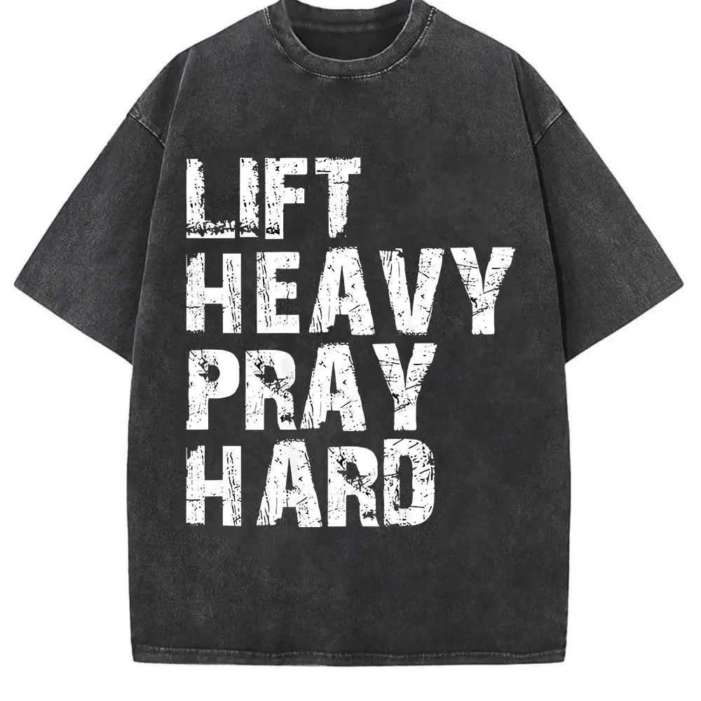 Printed Tee - "Lift Heavy Pray Hard" Christian Gym T-Shirt, Motivational Faith-Based Streetwear