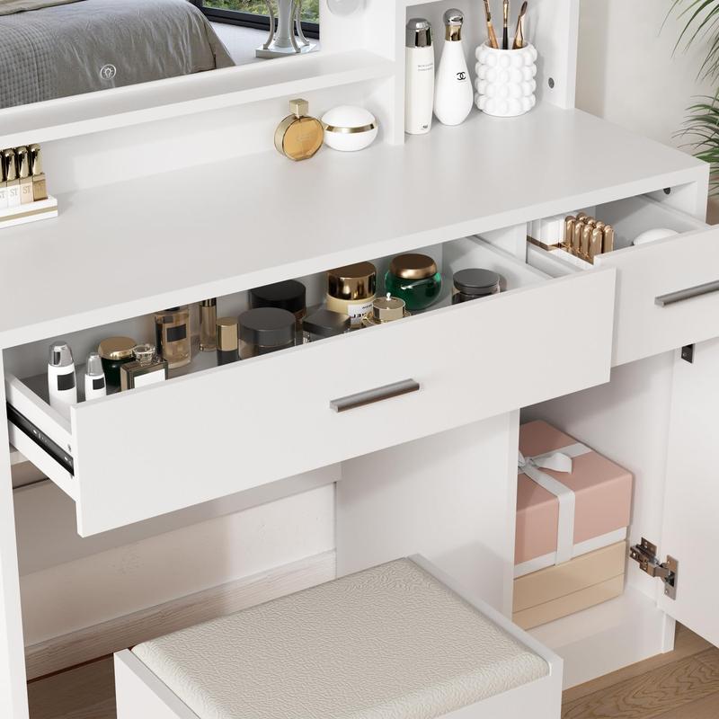 Kullavik Vanity Desk Set with Large Mirror and Storage Stool, Makeup Table with 3 Lighting , 2 Drawers, Cabinet and Open Shelves for Modern Bedroom, White