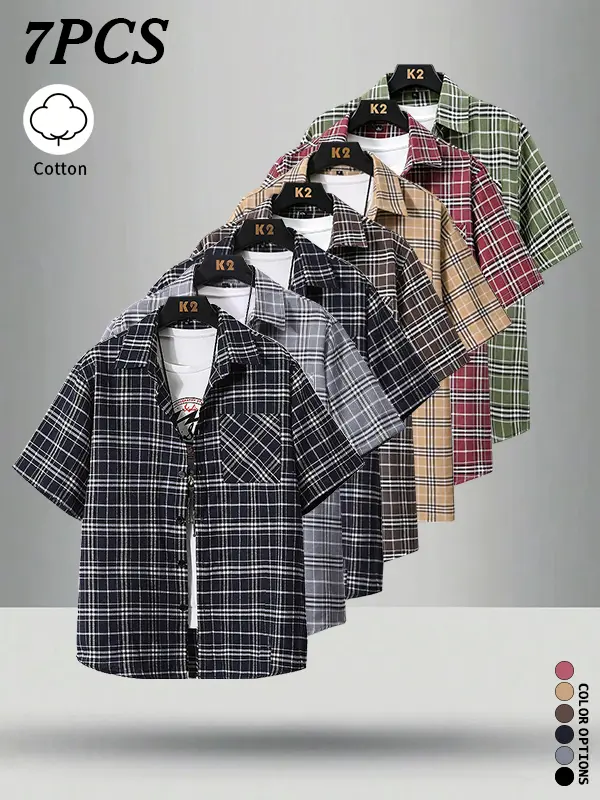 7-pack men’s summer cotton plaid shirts—skin-friendly, breathable, sweat-wicking, moisture-management design; multiple plaid patterns/colorways; classic, never out of style; versatile for outdoor outings and various occasions.