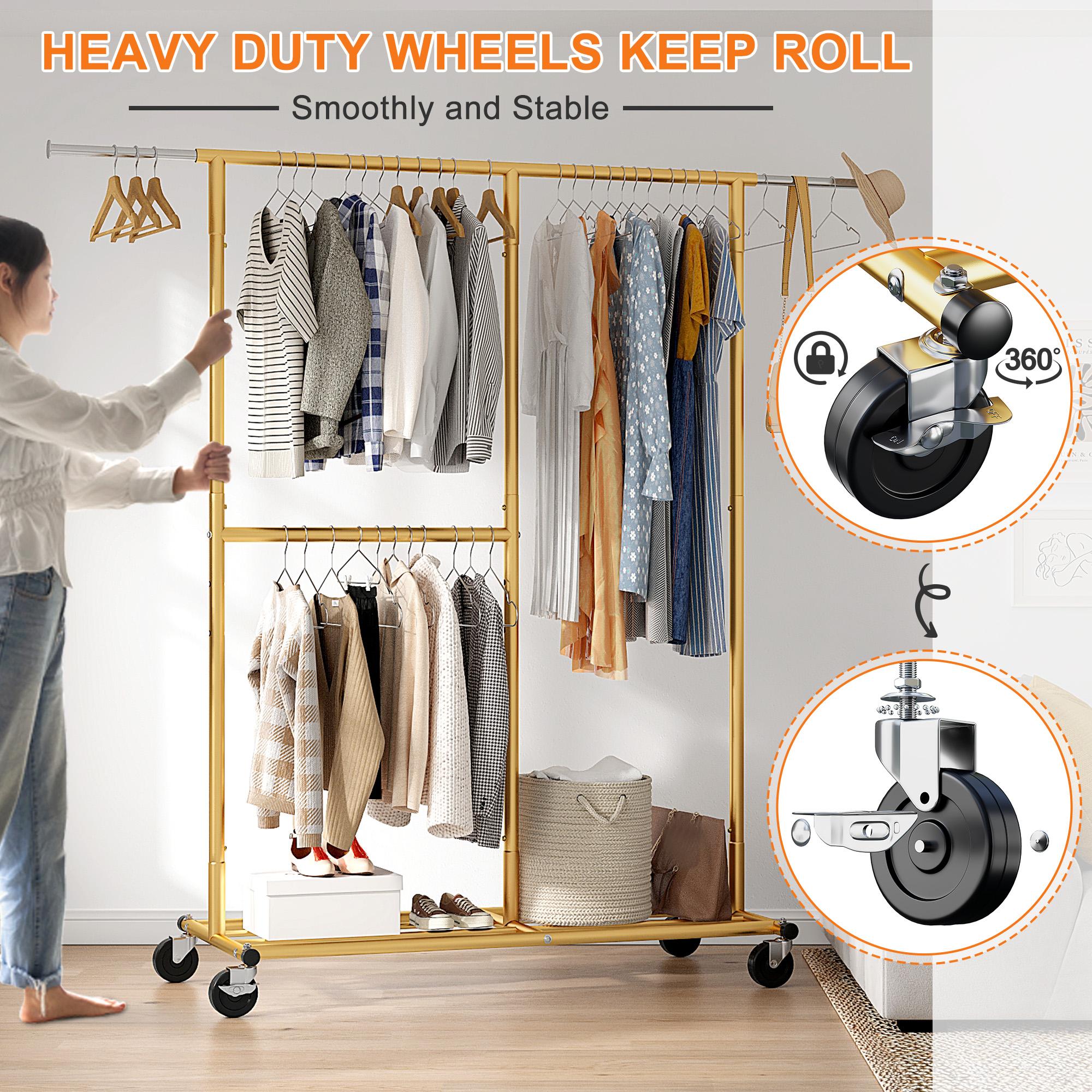 BePatio Heavy Duty Clothes Rack with Wheels Adjustable Portable Rolling Clothing Racks for Closet Bed Room Laundry Room Commercial Use Max Load 298 LBS Hang 150+ Clothes Metal Clothes Rack Rust-Off Resists Rust with Premium Coating Metal