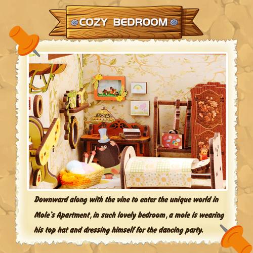 CUTEBEE DIY 3D Book Nook Kit Mole’s Apartment – Miniature Wooden Animal Apartment Dollhouse, Handmade Tiny House Bookshelf Insert with LED Light | Holiday, Christmas and Black Friday Gift